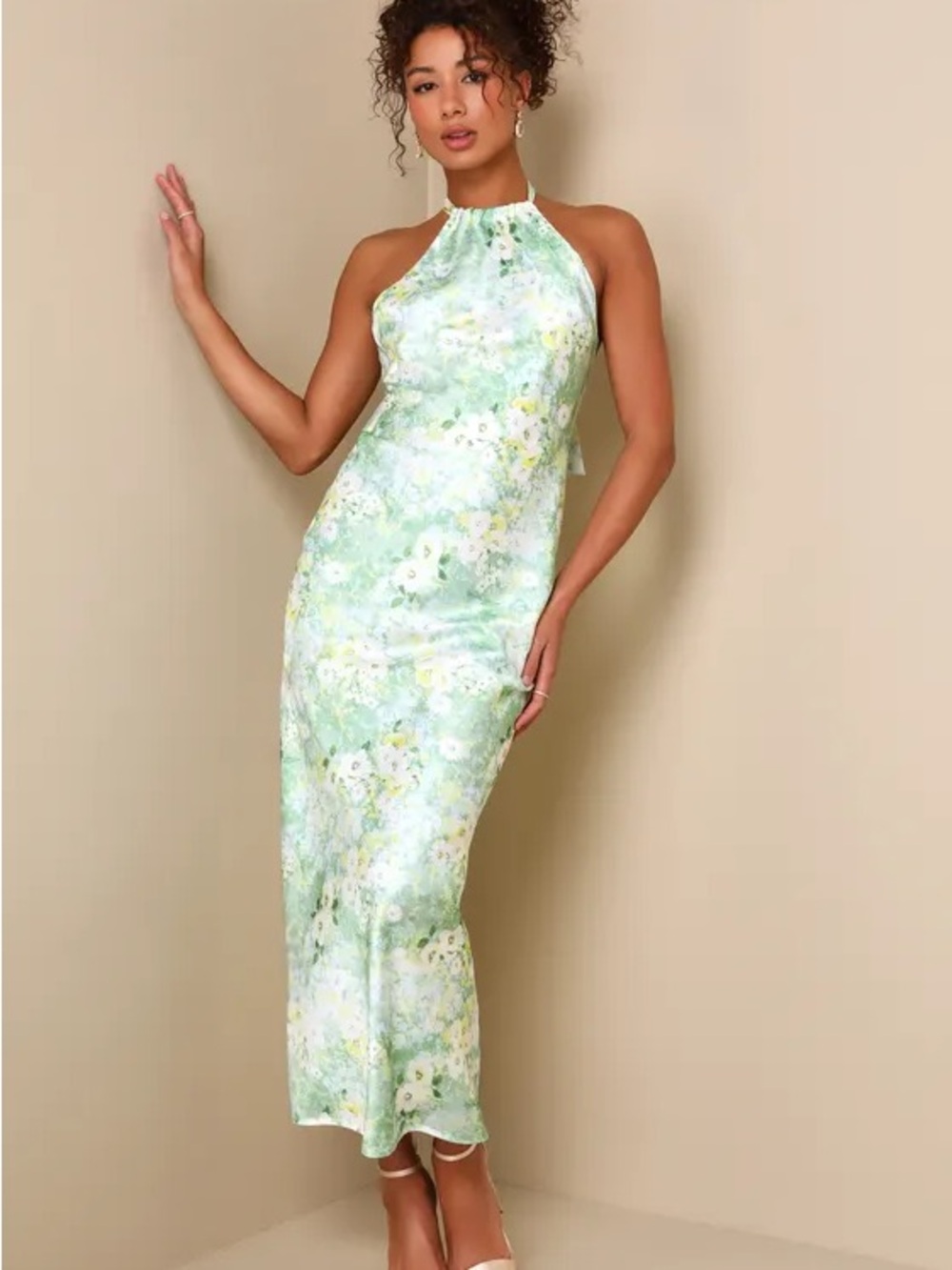 Glowing Presence Light Green Floral Satin Halter Maxi Dress